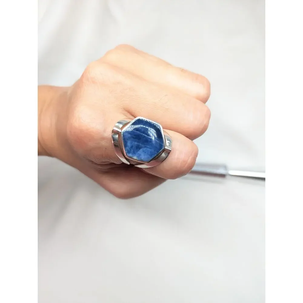 950 Peruvian Solid Silver Flip Ring Blue-Shell Gemstone Handcrafted Adjustable